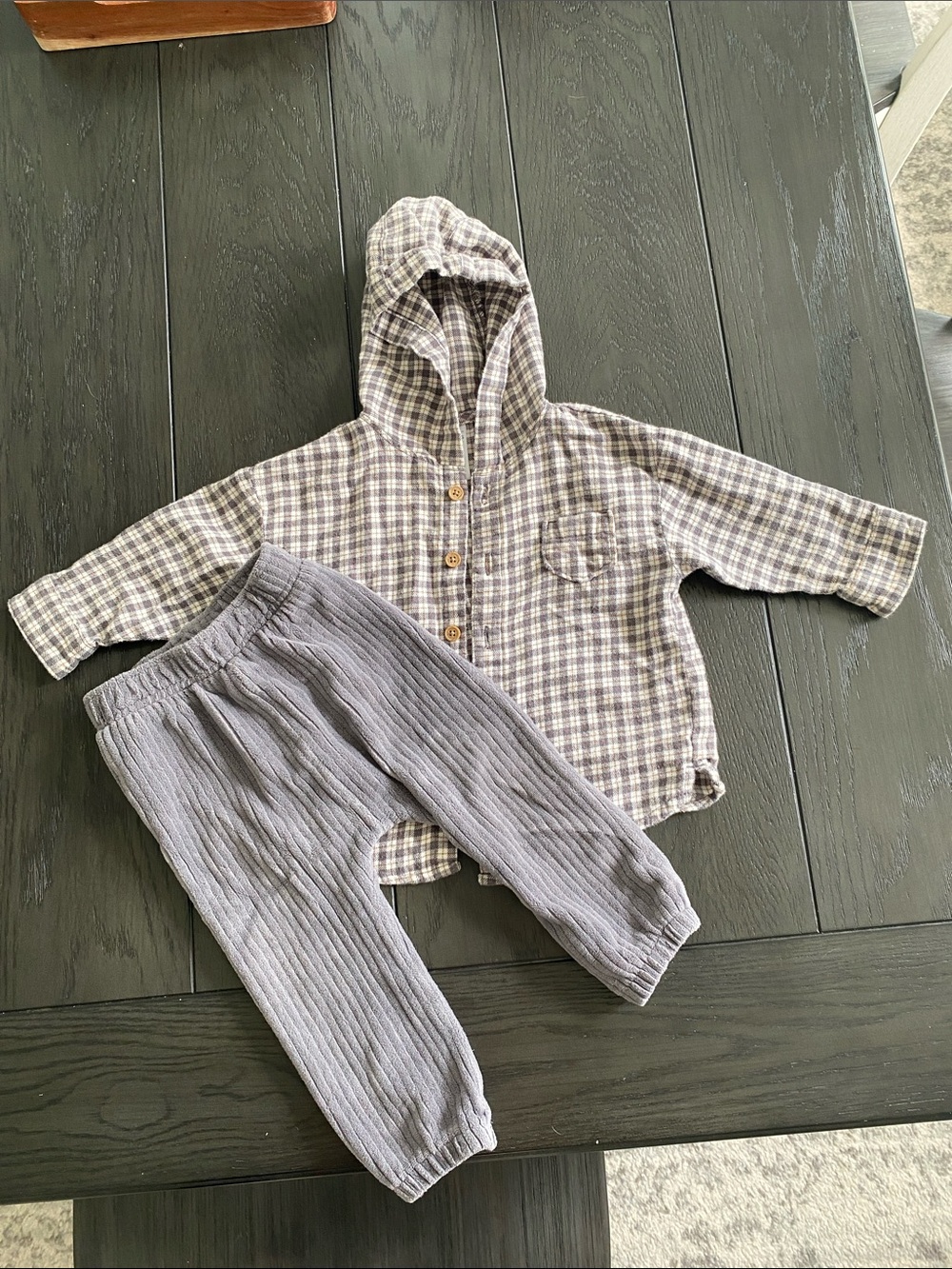 Children's Hooded Plaid Button Shirt and Ribbed Pants Set - Gray